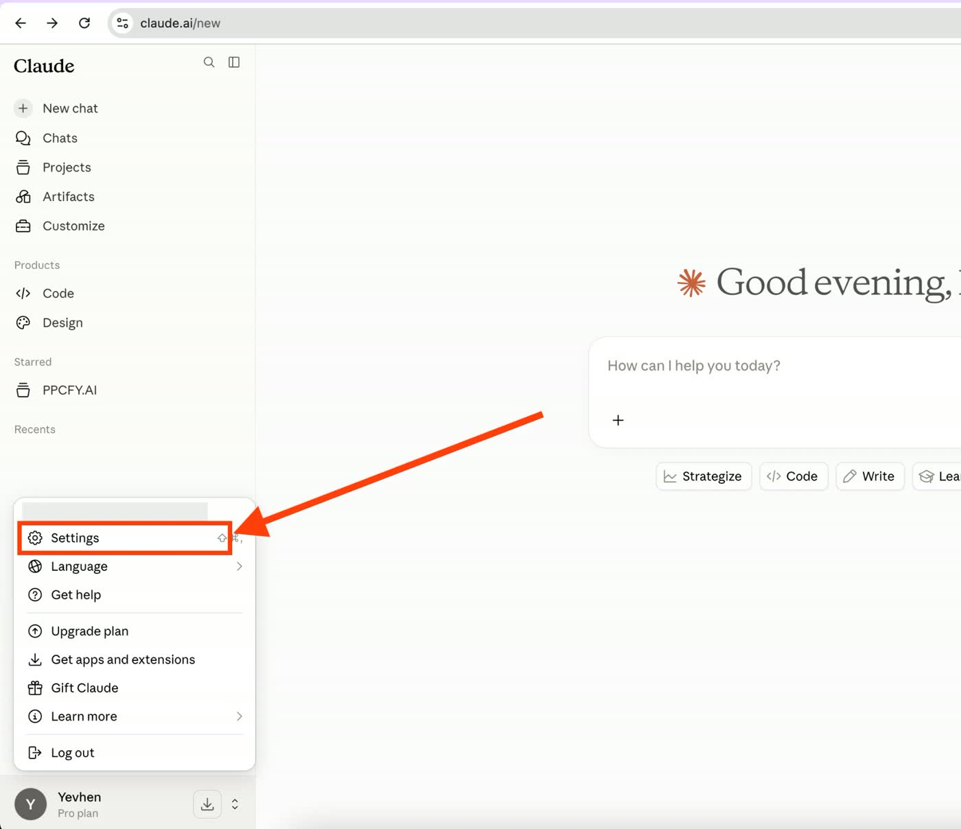 Opening Settings in the Claude sidebar