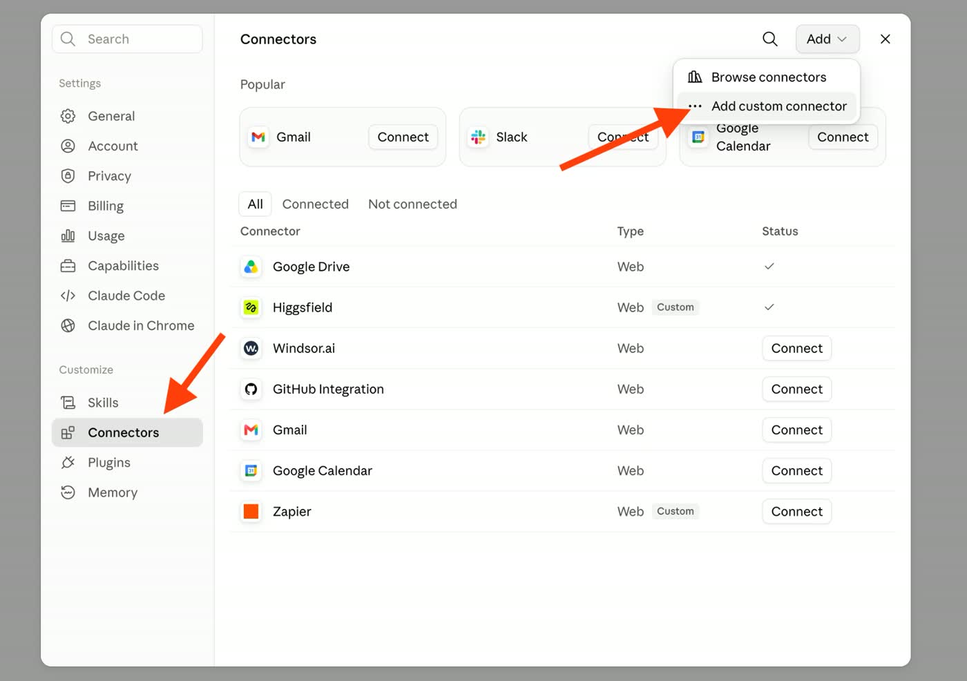 Claude Connectors screen with the Add custom connector option