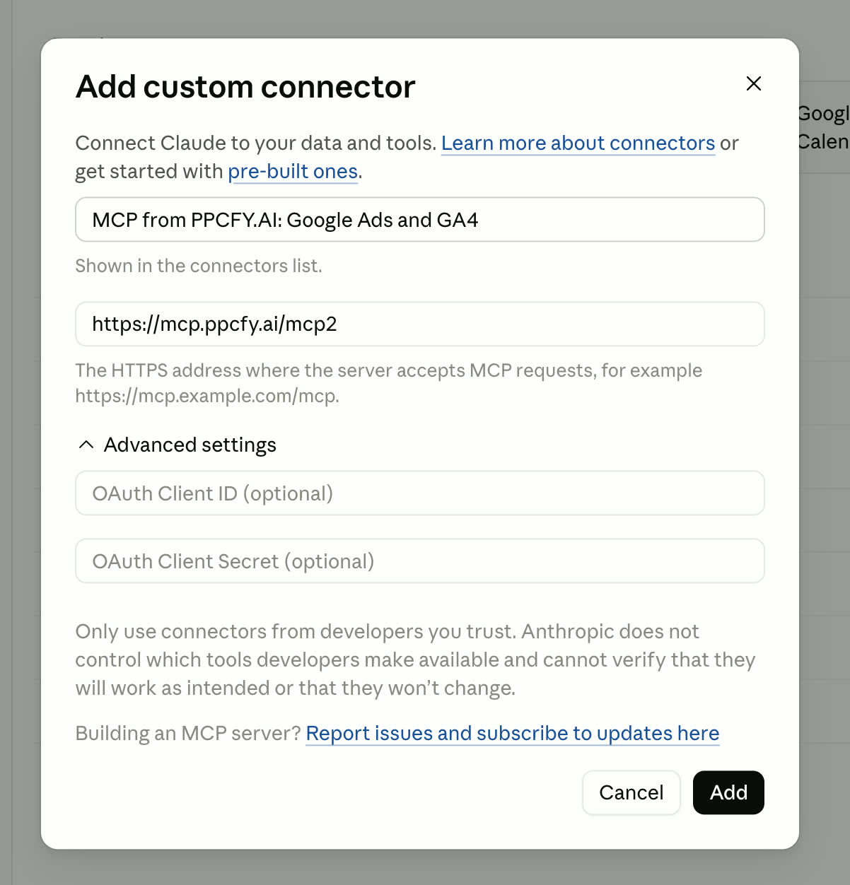 Add custom connector dialog with the ppcfy.ai MCP URL pasted in