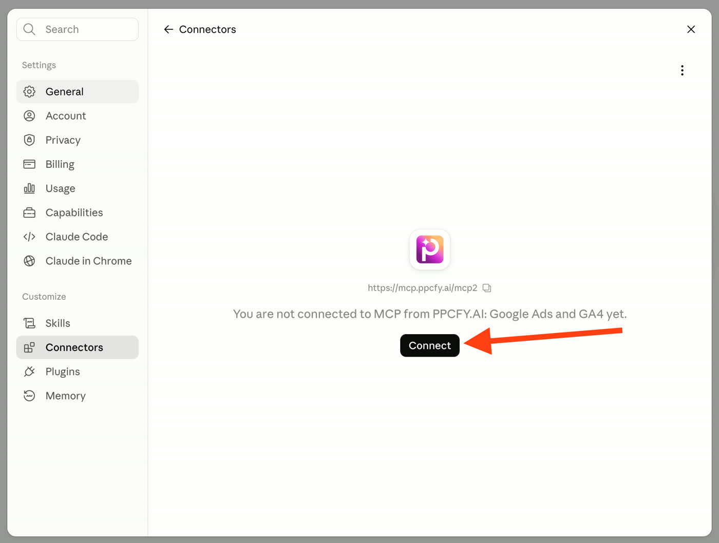 The new ppcfy.ai connector showing the Connect button