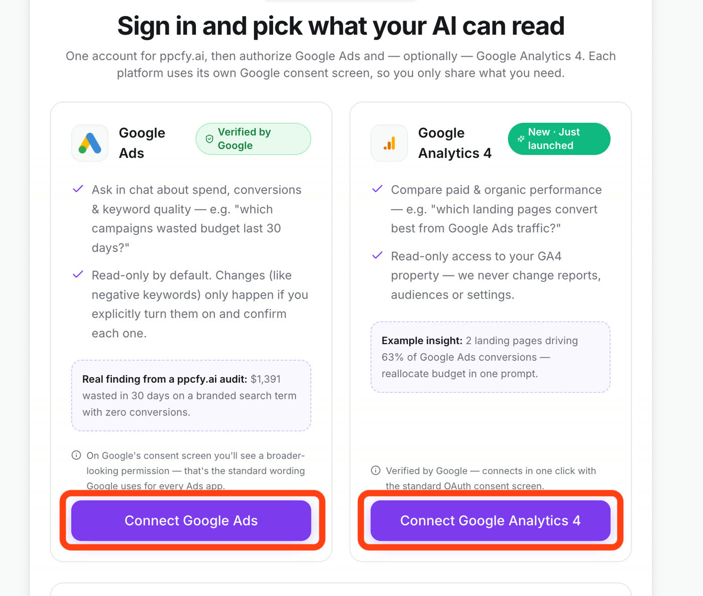 Choosing which platforms to connect: Google Ads and Google Analytics 4