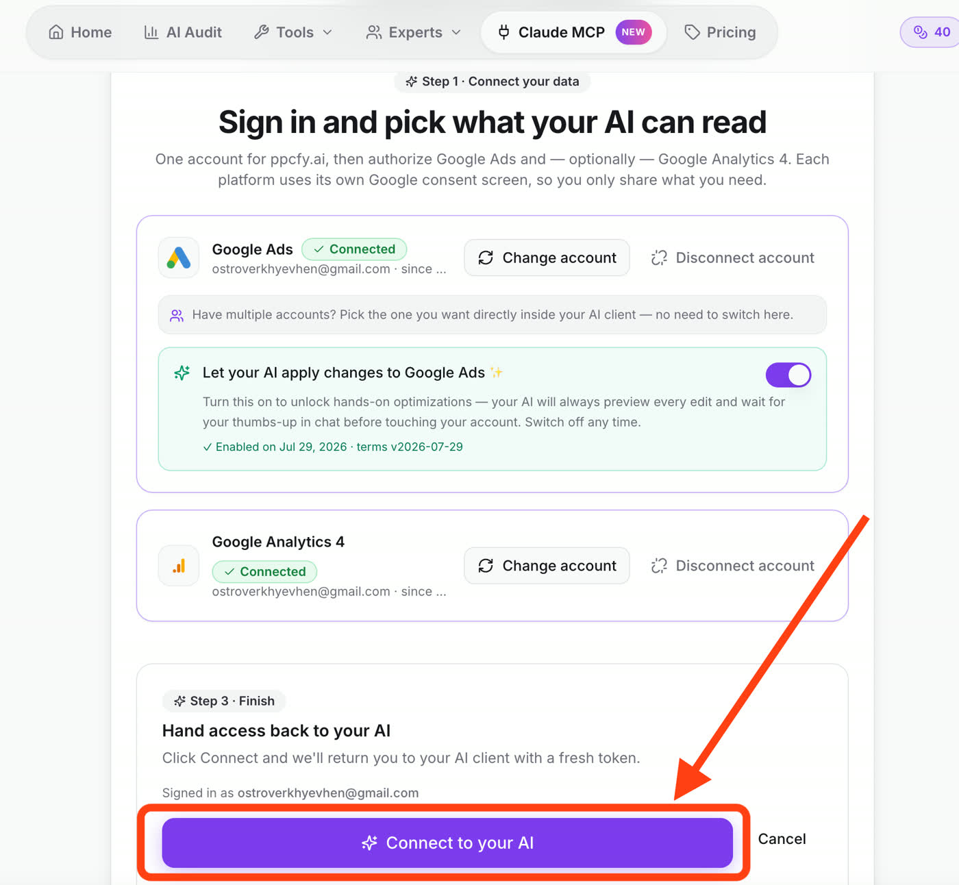 Connected platforms with the mutation consent toggle and the Connect to your AI button