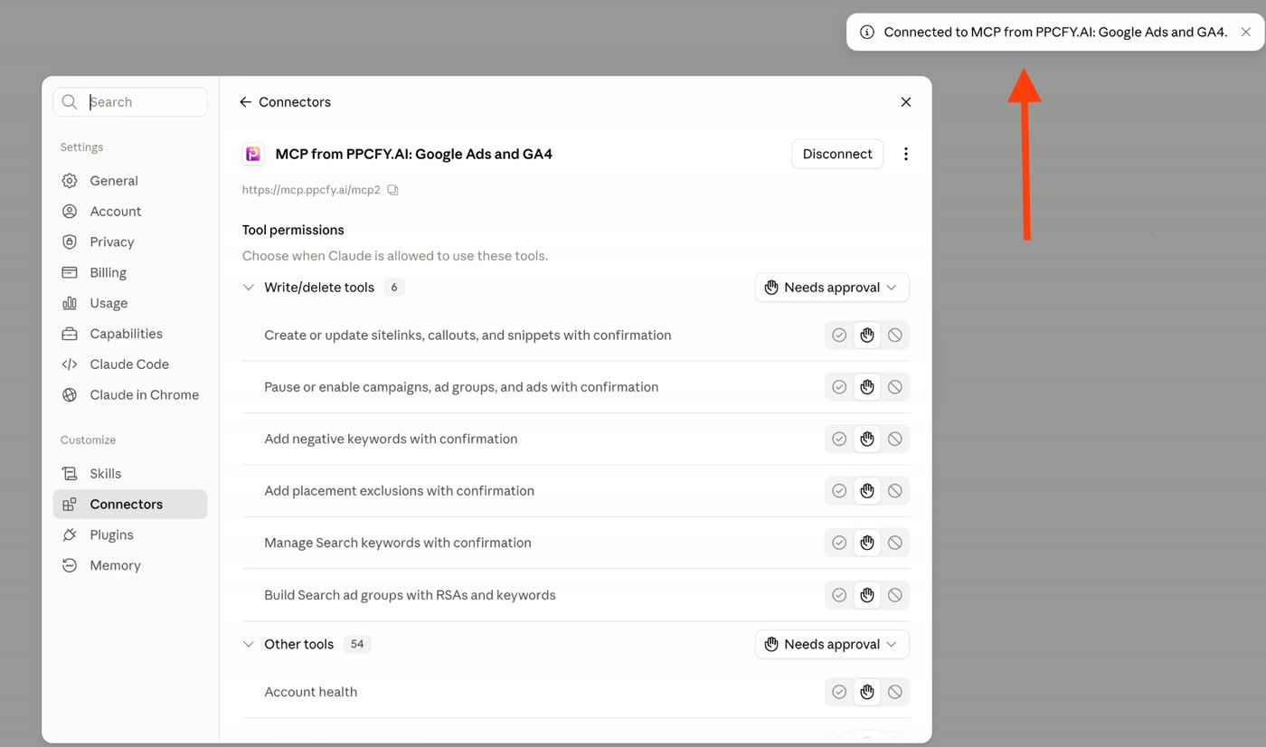 Claude showing ppcfy.ai tool permissions after a successful connection
